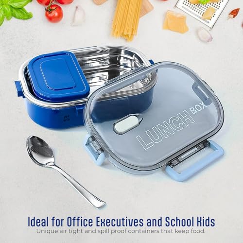 Image of Stainless Steel Outer Lunch Box with Inner Plastic Body | Leak Proof Compartment Tiffin Box with Stainless Steel Spoon & 1 Plastic Box | Lock Mechanism for Kids & Adults Office School Use