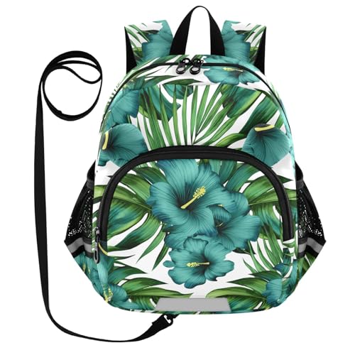 Hibiscus Palm Fronds White Toddler Harness Backpack for Boys Girls 3-6 Years Kids Backpack with Anti Lost Safety Leash Baby Travel Bag for Travel Walking Preschool