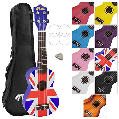 Tiger UKE10-UK Ukulélé avec Housse – Union Jack - Les Beatles, Paul McCartney, John Lennon, RIngo Starr, George Harrison Tiger UKE10-UK Ukulélé avec Housse - Union Jack