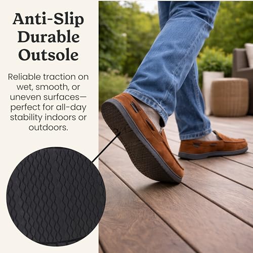 Image of Dearfoams Men's Keaton Moccasin House Shoes With Memory Foam, Indoor Slippers With Wide Widths