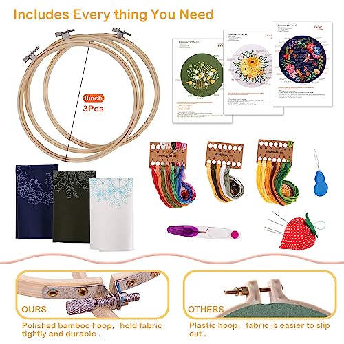 Mocoosy 3 Pack Embroidery Starter Kit With Pattern And Instructions, Stamped Embroidery Kit For Beginners, Cross Stitch Sets Sewing Craft Include 3 Embroidery Fabric, 3 Bamboo Hoops And Color Threads #TOP1