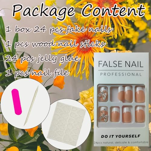Sutaozhi 24Pcs Short Press On Nails Square Fake Nails With Butterfly Charms White French Tip Acrylic Nails Cute False Nails Nude Pink Full Cover Glue On Nails Extra Short Coffin Stick On Nails For Women Girls thumb #4