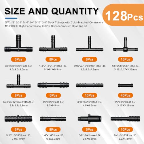 Image of Tnisesm 134PCS Vacuum Hose Automotive Kit 5FT,1 /8 inch 5 /32 inch 3 /16 inch 1 /4 inch 5 /16 inch 3 /8 inch Tubings with 128PCS Connectors ID High Performance 130PSI Silicone Vacuum Hose line Kit