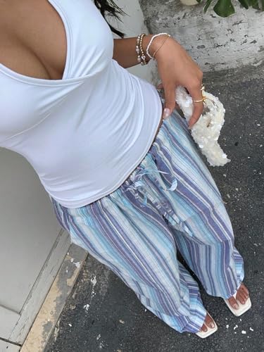 Womens Oversized Casual Pants Striped Color Block Wide Leg Loose Long Trousers with Pockets3