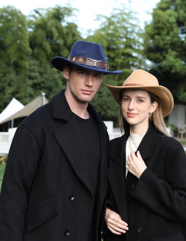 Image of 2 Pack Western Cowboy Hats for Women Men 4 Different hat Bands | Classic Felt Wide Brim Costume Cow Boy Hat Curved Brim Cowgirl Hat