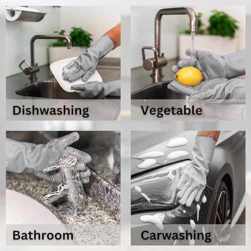 Image of Dog Washing Gloves with Bristle Scrubbers, Reusable Silicone Gloves Ideal for Pet Bathing, Massaging & Grooming (Gray)