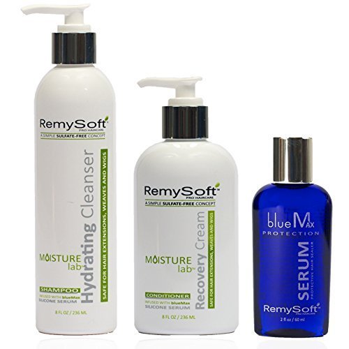 RemySoft Sulfate-Free 3-Step Detangling Kit: Hydrating Shampoo + Recovery Conditioner + Serum for Human & Synthetic Extensions Wigs Weaves Lace Fronts - Moisturelab Gentle Color-Safe Salon-Grade