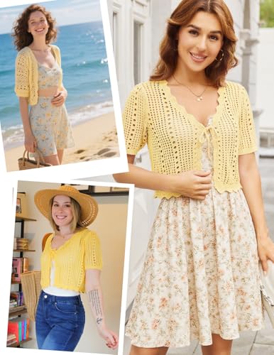 Image of Kate Kasin Women Crochet Shrug Knit Sweater, Short Sleeve Cropped Cardigan | Tie Front Tops Light Weight, Knit Cover Up Arm Bolero For Evening Dresses Dressy Casual, Ladies Eyelet Shawl Thin Formal