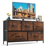 5-Drawer Dresser for Bedroom, Anti-Tip Wide Storage Organizer Fabric Chest of Drawers TV Stand for 45' TV with Wooden Top and Metal Frame for Closet, Living Room, Hallway, Entryway, Brown
