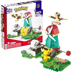 MEGA Pokemon Action Figure Building Toy Set, Countryside Windmill with 240 Pieces, Motion and 3 Poseable Characters, Gift Idea for Kids