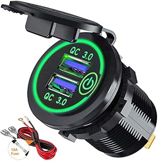Quick Charge 3.0 USB Car Charger Socket 12V/24V 36W Dual QC3.0 USB Fast Charger Socket Power Outlet with Touch Switch for Marine, Boat, Motorcycle, Truck, Golf Cart (Green)