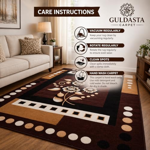 Image of Brown Multi Color Area Rug 6x8 Feet - Floral Living Room Carpet | Anti-Slip Bedroom Floor Rug