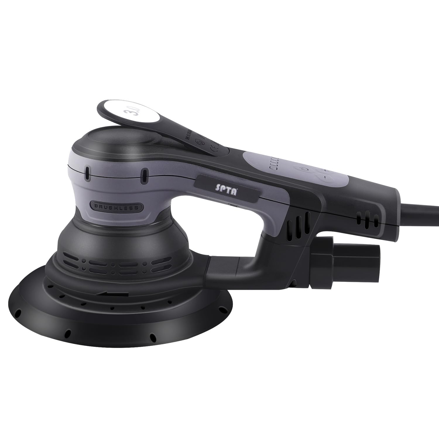 SPTA Lijadora excéntrica eléctrica, lijadora excéntrica sin escobillas, con disco de lijado de 125 mm/150 mm, carrera de lijado de 6 mm, regulación de velocidad de 5 niveles hasta 4.000-10.000 rpm, 20