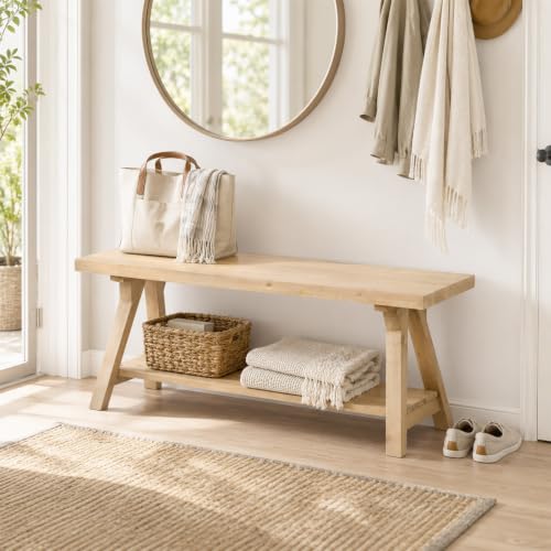 Image of Solid Wood Entryway Bench 43'' Farmhouse with Bottom Storage Shelf