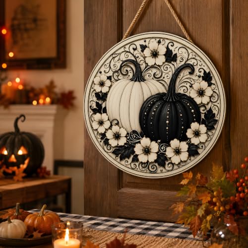 Image of Fall Decor - Black and White Pumpkin Wreath Door Sign for Front Door | Round Wooden Fall Pumpkin Hanging Decor for Front Porch | Autumn Thanksgiving Door Wall Decor - Fall Decorations for Home