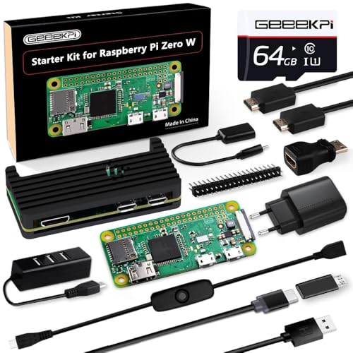 GeeekPi Kit de inicio para Raspberry Pi Zero W, con carcasa de aluminio RPi Zero W, tarjeta SD de 64 GB, fuente de alimentación, cabezal de 20 pines, adaptador micro USB a OTG, cable HDMI, adaptador