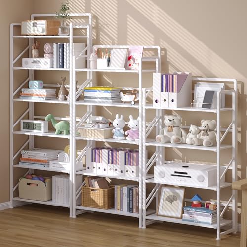 Image of JSB No Assembly Folding Bookshelf, 5 Tier Industrial Metal Book Shelf for Storage, Vintage Wood Foldable Bookcase for Living Room, Bedroom, Office Organization Shelves