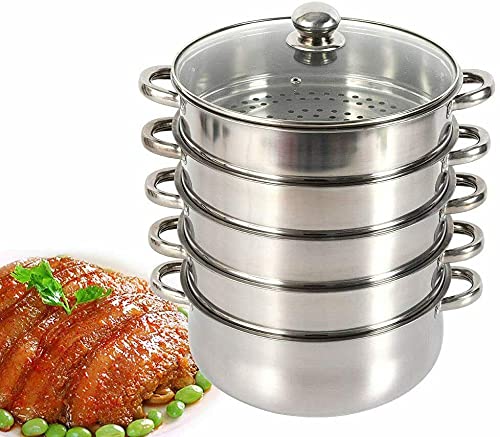 kangten 5-Layer Stainless Steel Steamer with Glass Lid Stackable Steam Cooker Kitchenware 28 cm Suitable for All Hobs (Not Suitable for Induction Cookers)
