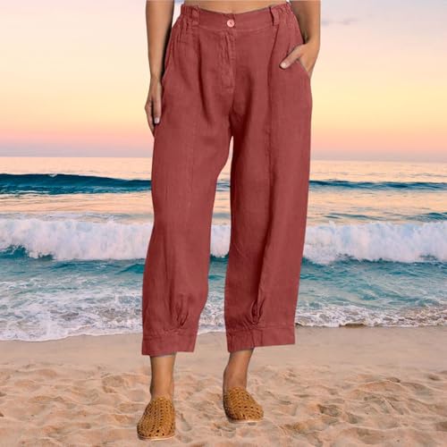 Linen Capri Pants for Women Casual Loose High Waisted Wide Leg Crop Pants Lightweight Trousers with Pockets4