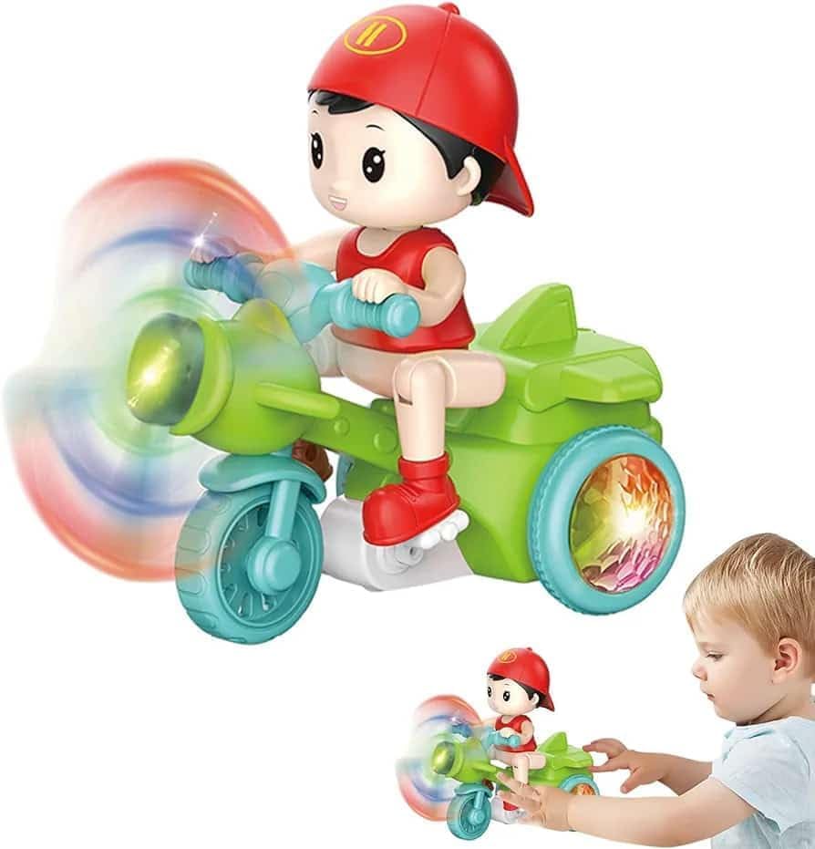 Electric Rotating Push Pull Stunt Tricycle Vehicle with Lights | Exquisite Children's Stunt Motorcycle for Boys &Girls Birthday and Easter Gifts | Multicolor, Age 3 Years +