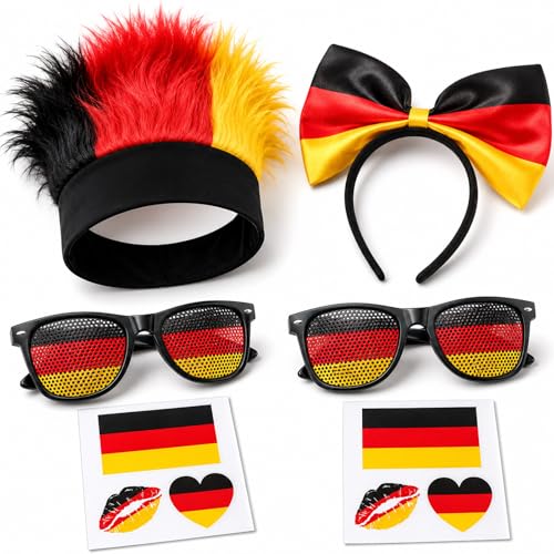 RgitFzi 6-tlg Deutschland Fanartikel Set für Großes Fußball-Event 2026 - Zubehör mit Perücke Schleife Haarreif 2 Gitterbrillen & Tattoos - Schwarz-Rot-Gold Outfit für Public Viewing & Party