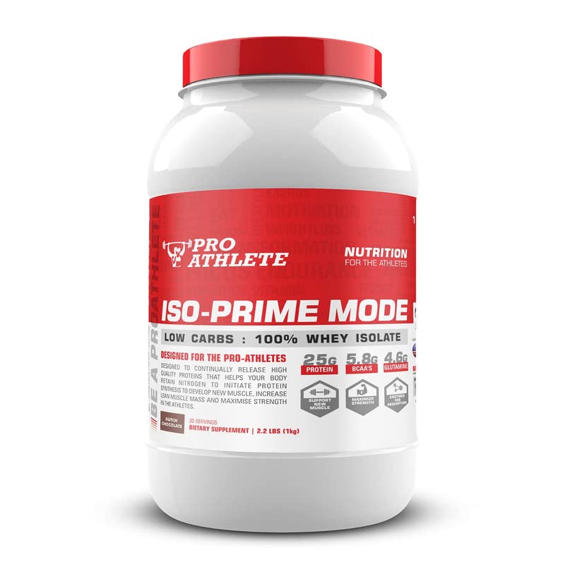 PROATHLETE IsoPrime Mode 100% Whey Protein isolate, High Protein, Low carbs & Fats, 26g Protein, 4.6g Glutamine, 5.8g BCAA's, Zero Sugar, Added ProBiotics & Multi-vitamins-Minerals, Dutch Chocolate 2.2Lbs/ 1kg