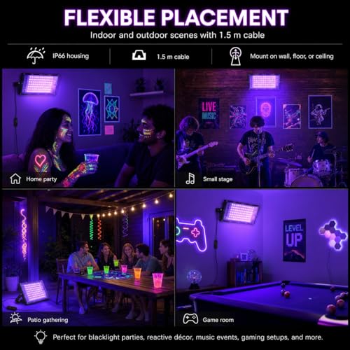 Image of QWORK 100W UV Black Light Flood Lights - 2 Pack, IP65 Waterproof Stage Lighting for Glow Party Halloween Body Paint Neon Fluorescent Poster Indoor Outdoor Use