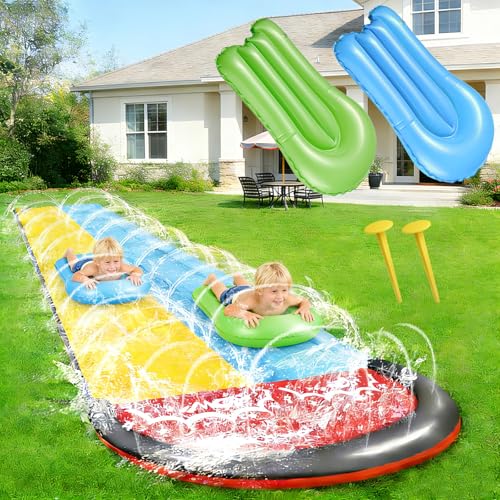 Hyhuiyin Lawn Water Slide with 2 Bodyboards 15.7ft/480cm Waves Water Slide and Slip Sprinkler Inflatable Water Slide Double Lane Slip&Slide Water Slides for Kids Adults Outdoor Water Play Activities