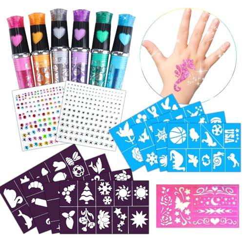 Stylo Tatouage Enfant, Kit Tatouage Paillettes, avec 6 Stylos Tatouage 9 Pochoir Tatouage ​et 2 Autocollants pour pierres précieuses, Stylos Tatouage Temporaire Enfant pour Cosplay Halloween Pâques
