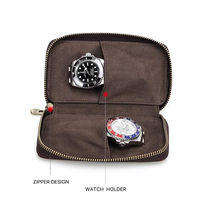Image of CONTACT'S FAMILY Watch Box Travel Watch Case Genuine Leather for 2 Watches Travel Watch Case Zipper Watch Pouch Vintage Watch Storage Box For Men (Coffee)
