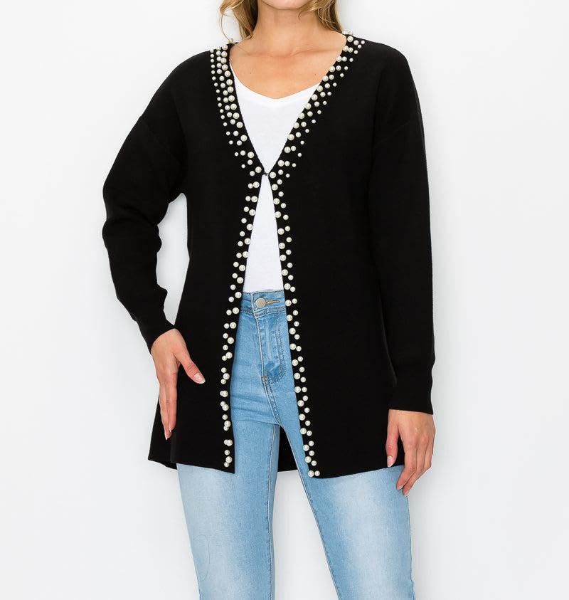 LifeShe Women's Pearls Cardigan Sweaters Long Sleeve V Neck Knit Sweater Loose Open Front Fall Winter Outwear Coats4