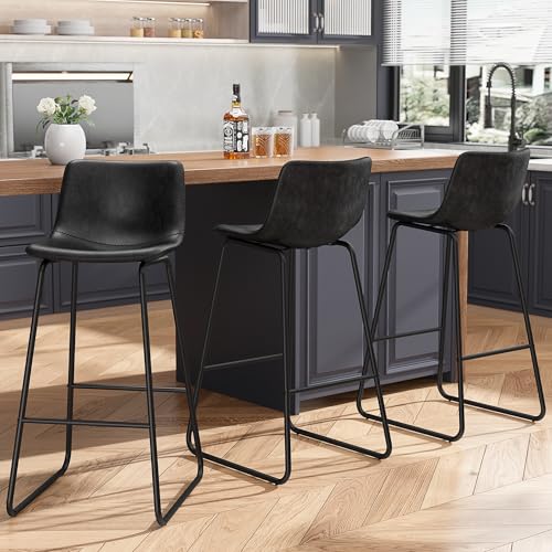 Image of REONEY Bar Stools Set of 3, 30 inch Faux Leather Counter Height Stools, Black
