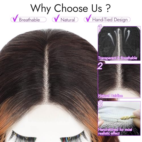 Image of Eawwii Wigs for Women Brown Highlight,Short Wavy Synthetic Lace Wig | Glueless 4x1 Lace Hairline, Heat-Resistant Fiber,Bob Wave Style,Natural Appearance for Everyday Cosplay 18 Inch