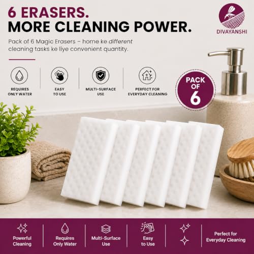Image of Divayanshi Magic Eraser Sponge Pack of 6 | Powerful Stain Remover with Just Water | No Scratch Multi-Surface Cleaning Sponge for Kitchen, Bathroom, Walls, Shoes & Switchboards