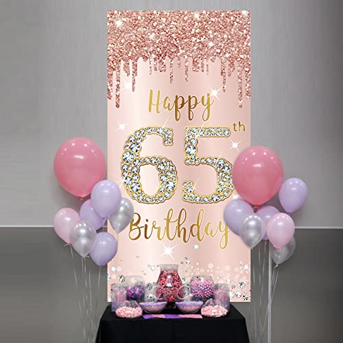 Image of 65th Birthday Decorations Door Banner for Women, Pink Rose Gold Happy 65 Birthday Backdrop Party Supplies, 65 Year Old Birthday Poster Door Cover Sign Decor