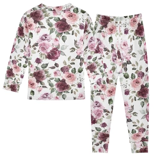 ALAZA Watercolor Rose Flower Leaves Pajamas Long Sleeve Sleepwear 2-Piece Pajama Set2