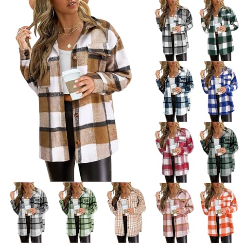 Women Flannel Plaid Shacket Jacket Long Sleeve Button Down Shirts Fall Outfits Fashion Clothes2