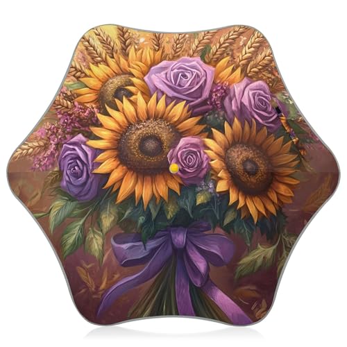 Paraguas floral para niñas, resistente y con protección UV, color negro, para lluvia, ramo de dibujos animados, girasoles, color marrón