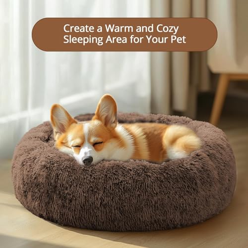 Image of JOLLYVOGUE Calming Dog Bed for Small Dogs - 23 inches Donut Washable Small Dog Bed for Kittens & Puppies, Anti-Slip Round Fluffy Plush Faux Fur Cat Beds (Fits up to 25 lbs Pets, Coffee)