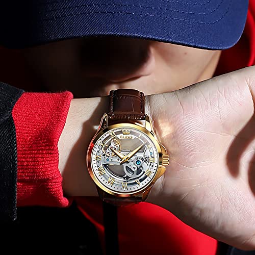 Image of OLEVS Mechanical Dress Mens Watches Square Brown Leather Strap Moon Phase Skeleton Tourbillion Day Date Waterproof Luminous Men's Wrist Watches