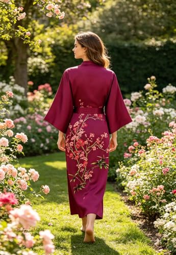Image of Women's Classic 100% Silk Kimono Robe, Bathrobe-Printed Pattern