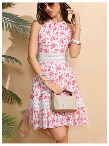 Image of Floerns Women's Contrast Lace Sleeveless Halter Dress Backless Vacation A Line Dress