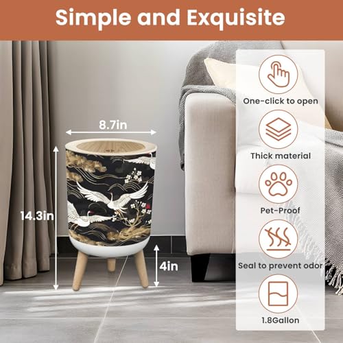 Image of Small Trash Can with Lid Japanese seamless pattern crane birds elements Asian oriental 1.8 Gallon Dog Proof Trash Can Round Garbage Can Waste Bin Wastebasket for Bathroom Bedroom Living Room