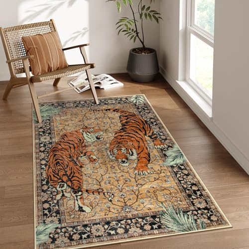 Moynesa Tiger Washable Rugs, 3x5 Entry Area Rugs, Non Slip Vintage Soft Living Room Carpet, Boho Low Pile Stain Resistant Indoor Throw Mat for Kitchen Bedroom Entrance, Camel