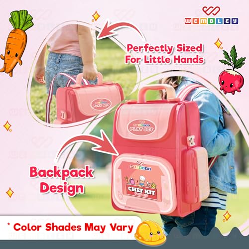 Image of Wembley 2-in-1 Kids Kitchen Set | Cooking Pretend Play Toy with 37 Pieces | Portable School Bag Style Kitchen Playset for Girls & Boys Age 2-7 | Role Play Cooking Game | Birthday Gift for Kids