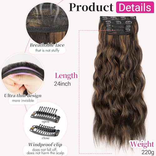 Image of Wavy Clip in Hair Extensions 24 inch Balayage Dark Brown to Chestnut | 4 Pieces Clip in Extensions,Fiber Double Weft Hairpieces,Natural Volume, Highlight Wave Long Synthetic Hairpieces for Women
