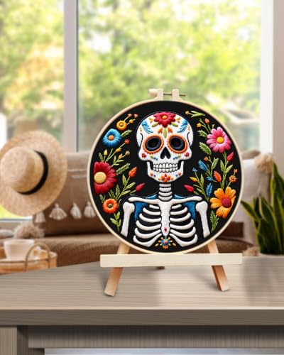 Image of TINDTOP Embroidery Kit for Adult Beginners, Embroidery DIY Starter Kit, with Stamped Patterns, Hoop, Tools, Colorful Threads with Needles, Instructions (Skeleton C)