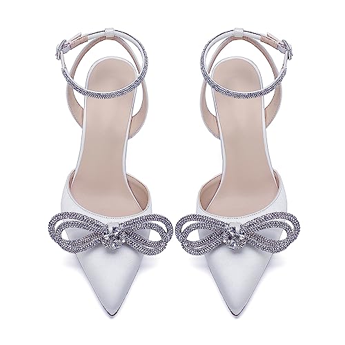 Pointed Toe Satin White Wedding High Heels Rhinestone Ankle Strap Dress Shoes Pumps for Bride2