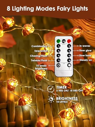 Image of Acorn Fall Lights Battery Operated LED String Lights with Remote & Timer | 8 Modes, IP44 Waterproof, 10FT 30 LED Fall Fairy Lights Twinkle for Harvest Thanksgiving Halloween Party Indoor Outdoor Decor