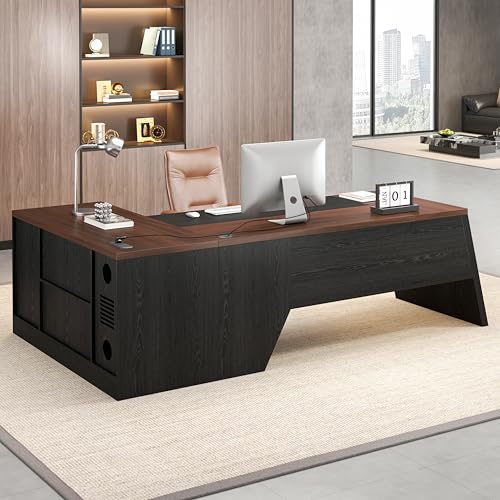 Epecoya L-Shaped Executive Desk with Drawer, 78-Inch Large Home Office Desk with Cord Hold and Power Outlet, Modern Computer Table with Lateral File Cabinet,Open Shelf and PC Stand, Walnut Brown Black